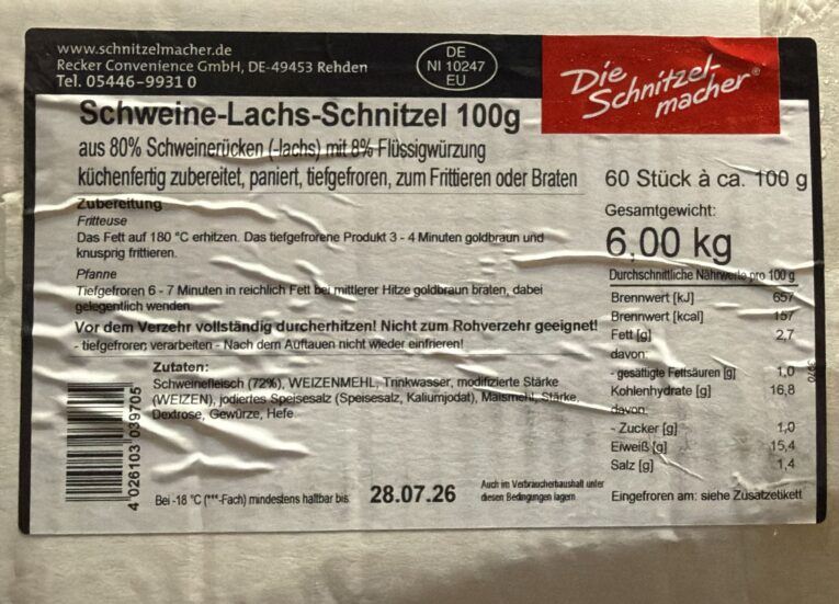 Schweineschnitzel 100g 60 Stick 6kg